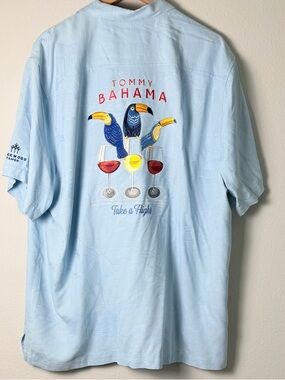 Tommy Bahama Light Blue Short-Sleeve 100% Silk Take a Flight Embroidered Shirt